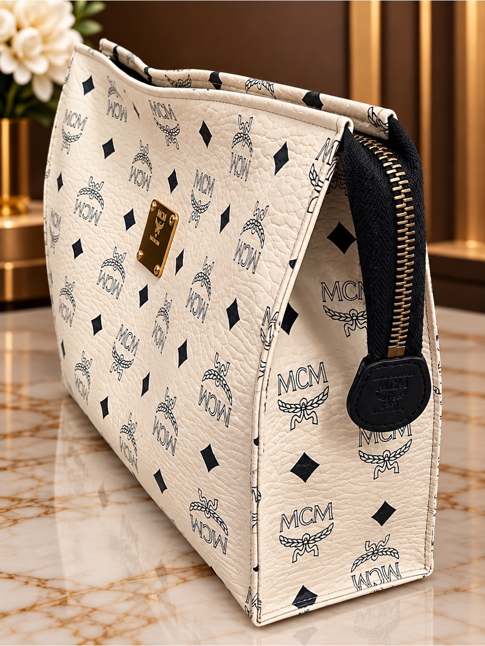 MCM White Logo Canvas Zipper Pouch